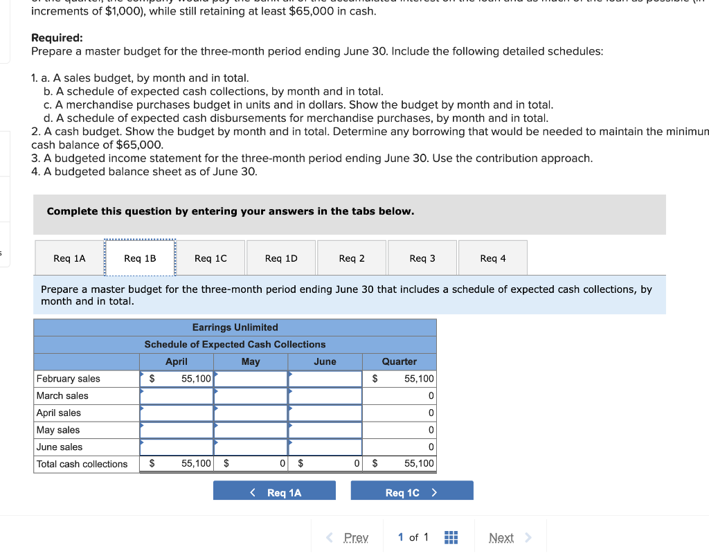 Req 1D Reg 2 Reg 3 Prepare a master budget for the