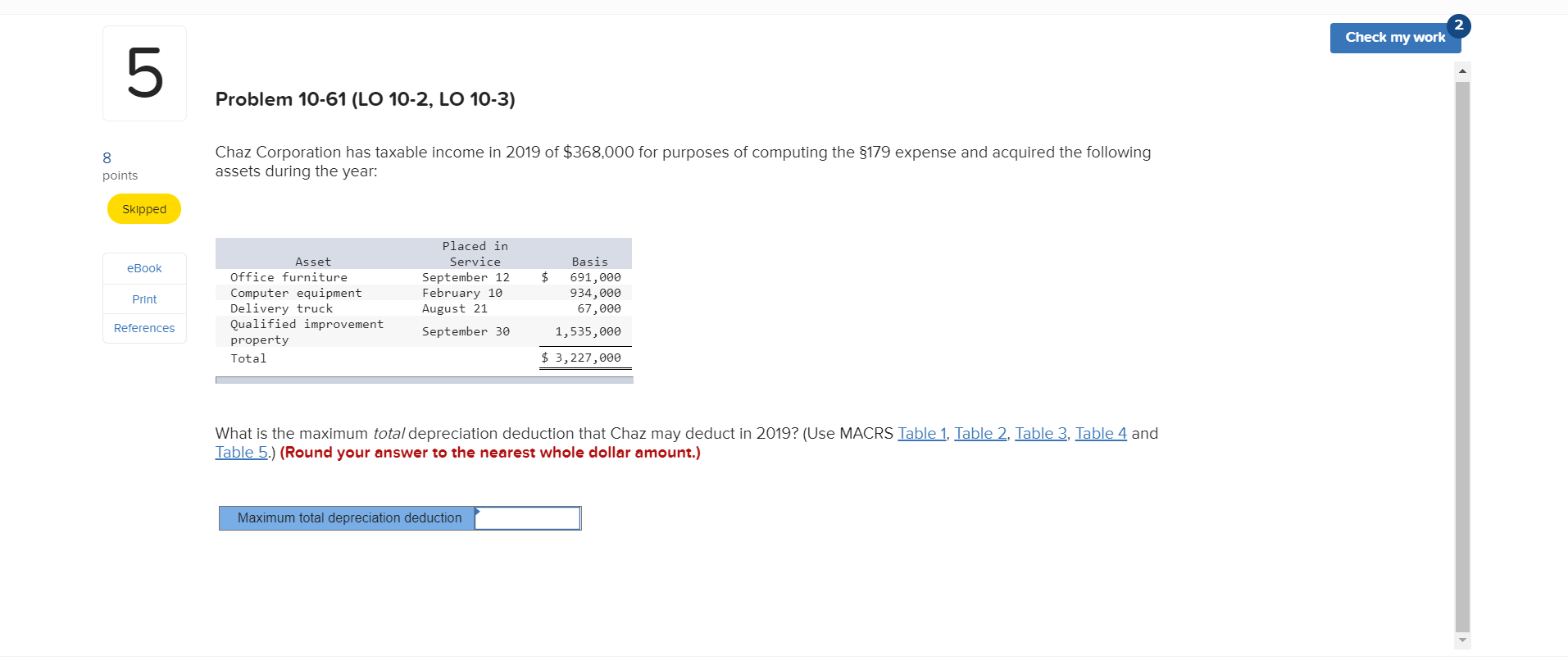  Check my work Problem 10-61 (LO 10-2, LO 10-3) zints Chaz