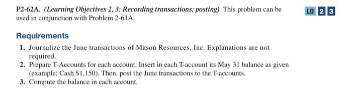  P2-62A. (Learning Objectives 2, 3: Recording transactions; posting) This problem can