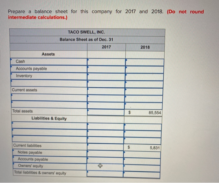 Taco Swell, Inc., (assume the tax rate is 21 percent): 2017 2018