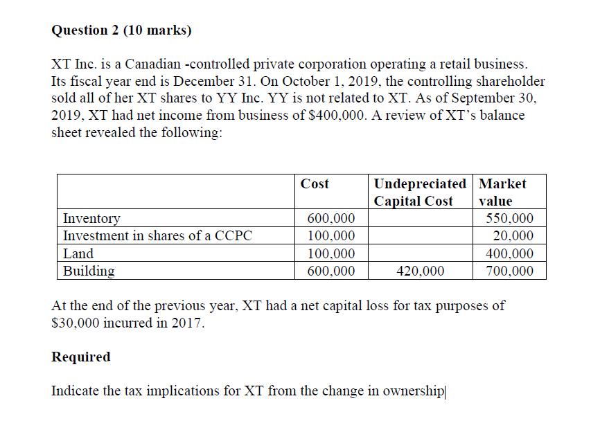  Question 2 (10 marks) XT Inc. is a Canadian -controlled private