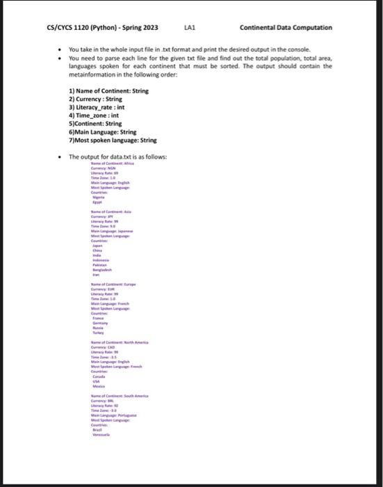 CS/CrCS 1120 (Python) - Spring 2023 LA1 Continental Data Computation -