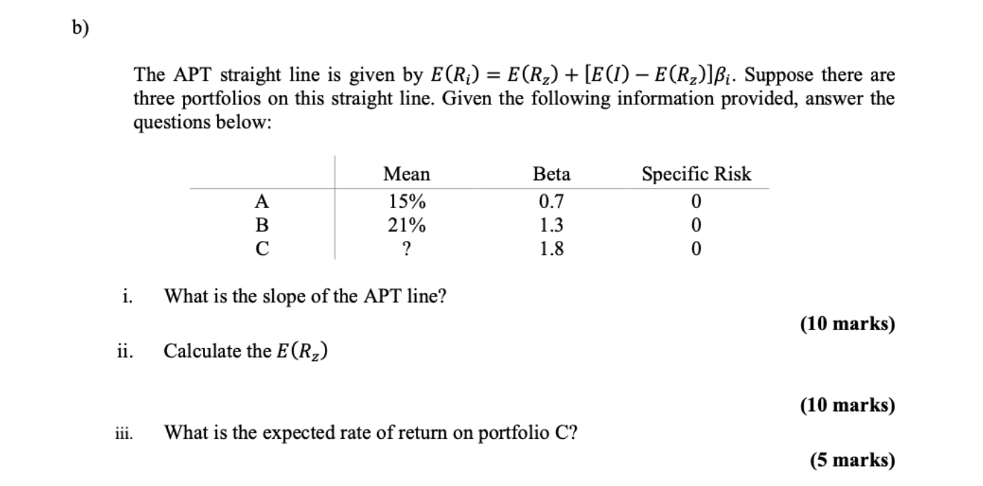 b) The APT straight line is given by E(R;) = E(R)