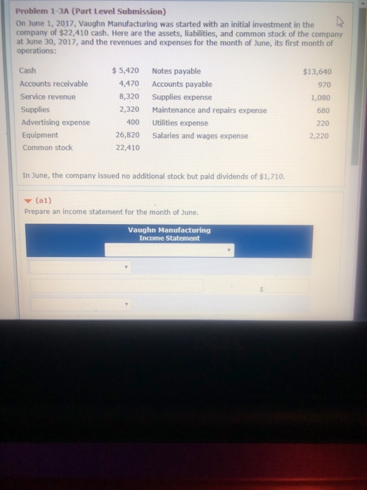  Problem 1-3A (Part Level Submission) On June 1, 2017, Vaughn Manufacturing