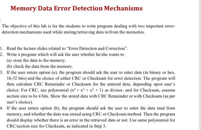 Memory Data Error Detection Mechanisms The objective of this lab is