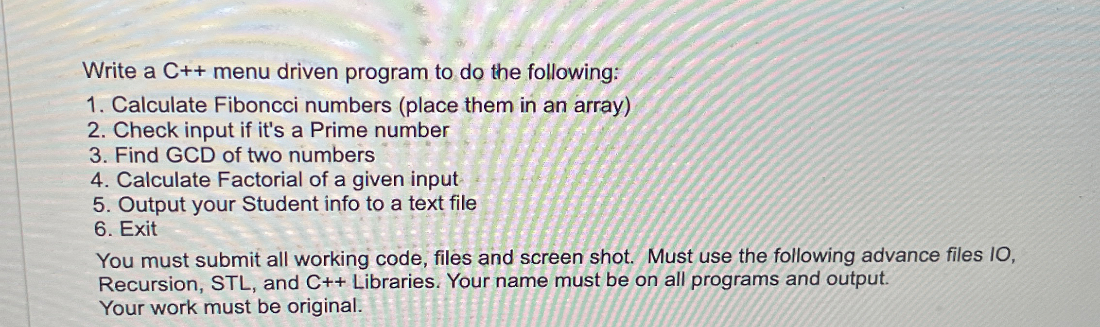  Write a C++ menu driven program to do the following: Calculate