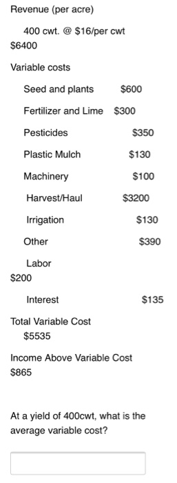  Revenue (per acre) 400 cwt @ $16/per cwt $6400 Variable costs