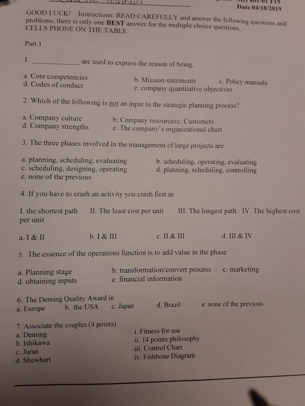  Date 04/18/2019 GOOD LUCK! Instructions: READ CAREFULLY and answer the following
