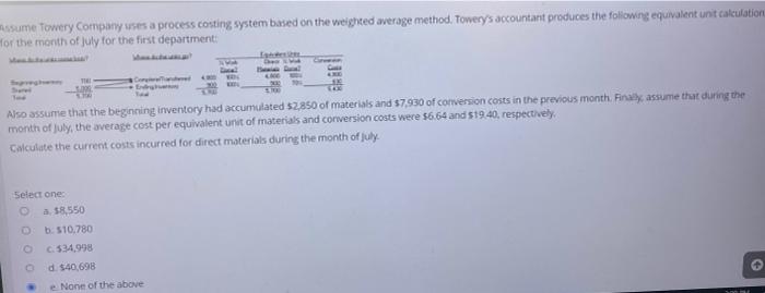  Assume Towery Company uses a process costing system based on the