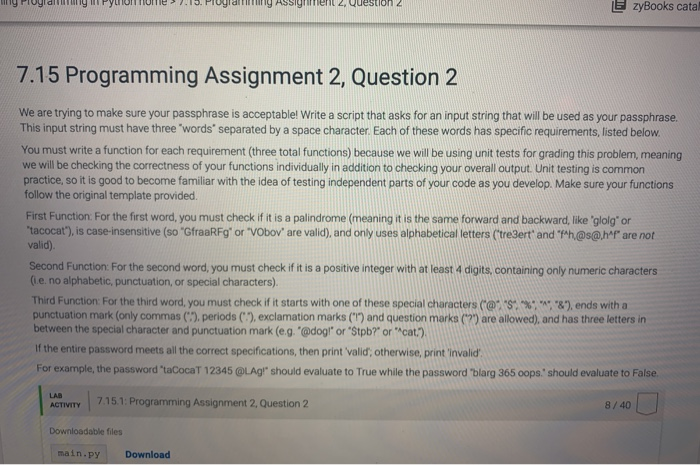 python please Wyrwyra r y PIU DIR , Question 2 E zyBooks