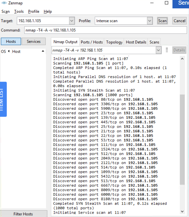  Zenmap Sen Scan Iools Profile Help \table[[Tar,192.168.1.105,,Profile:,Intense scan,,Scan]] Command: nmap -T4-A