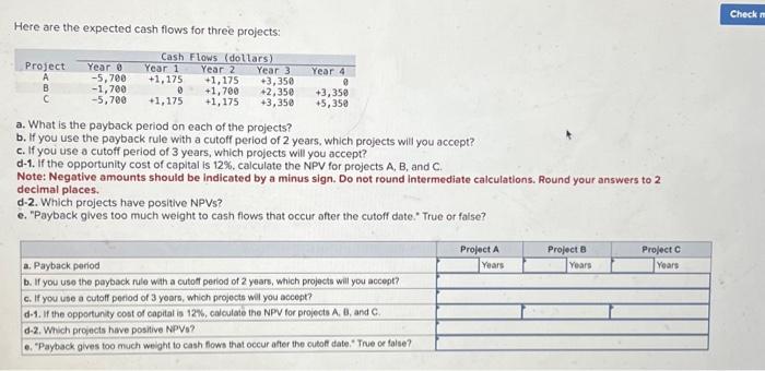  Here are the expected cash flows for three projects: a. What
