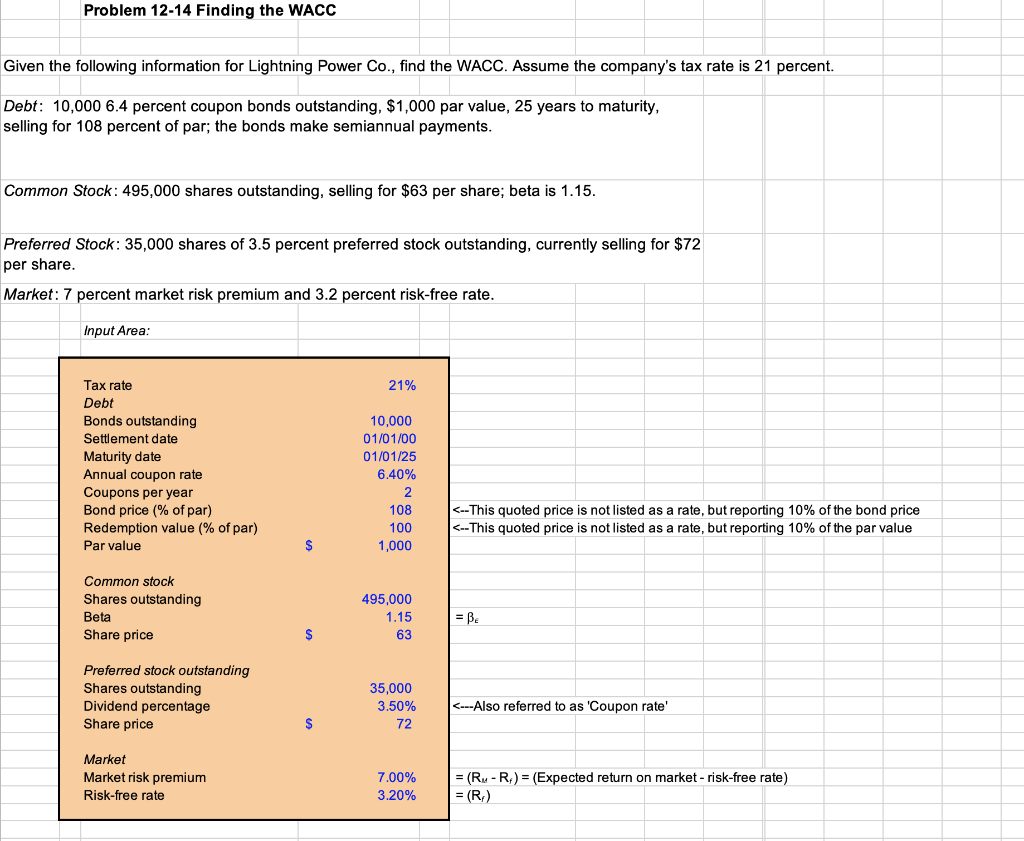  Problem 12-14 Finding the WACC Given the following information for Lightning