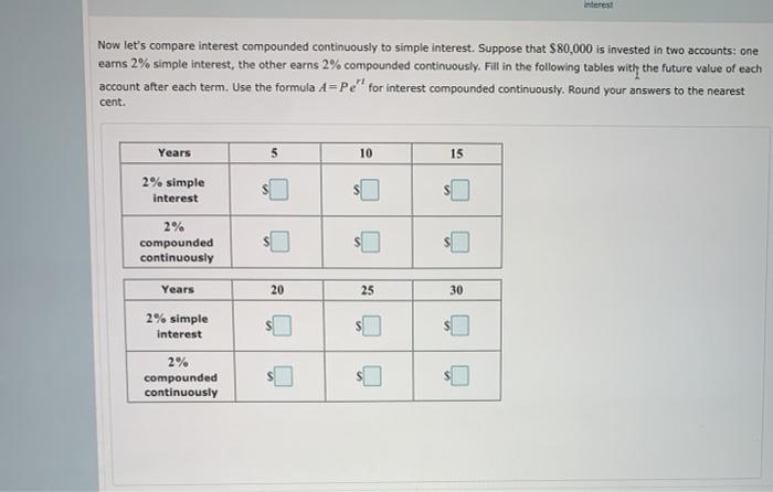  interest Now let's compare interest compounded continuously to simple interest. Suppose