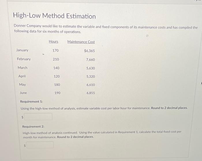  please show calculations as well High-Low Method Estimation Donner Company would
