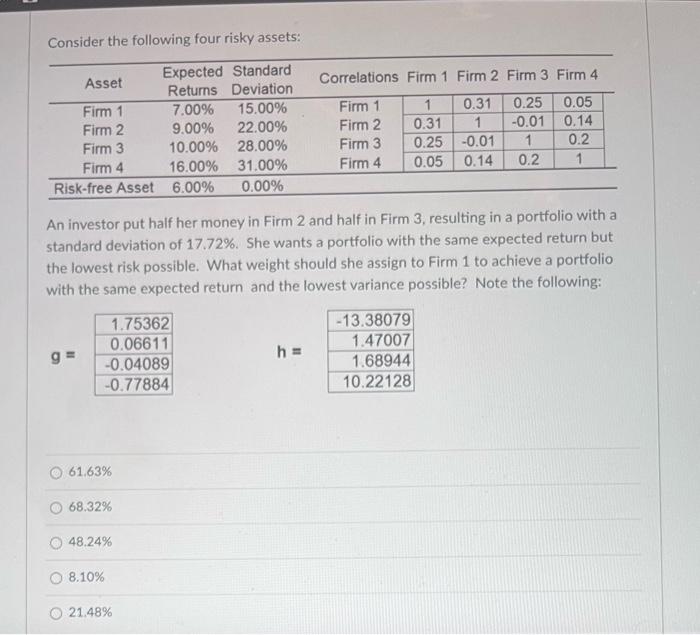 will like for correct answer asap Consider the following four risky assets: