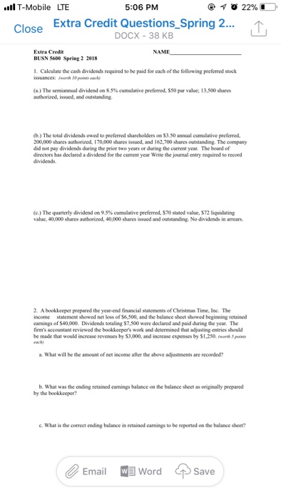  lT-Mobile LTE 5:06 PM @ ?? 22%, Extra Credit Questions Spring