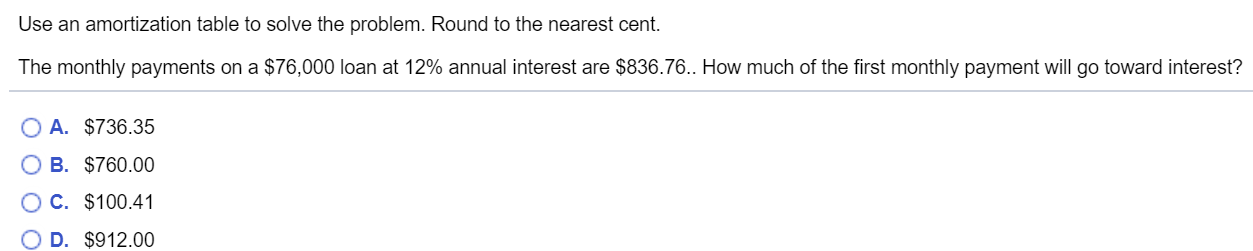  Use an amortization table to solve the problem. Round to the