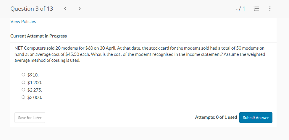  NET Computers sold 20 modems for $60 on 30 April. At