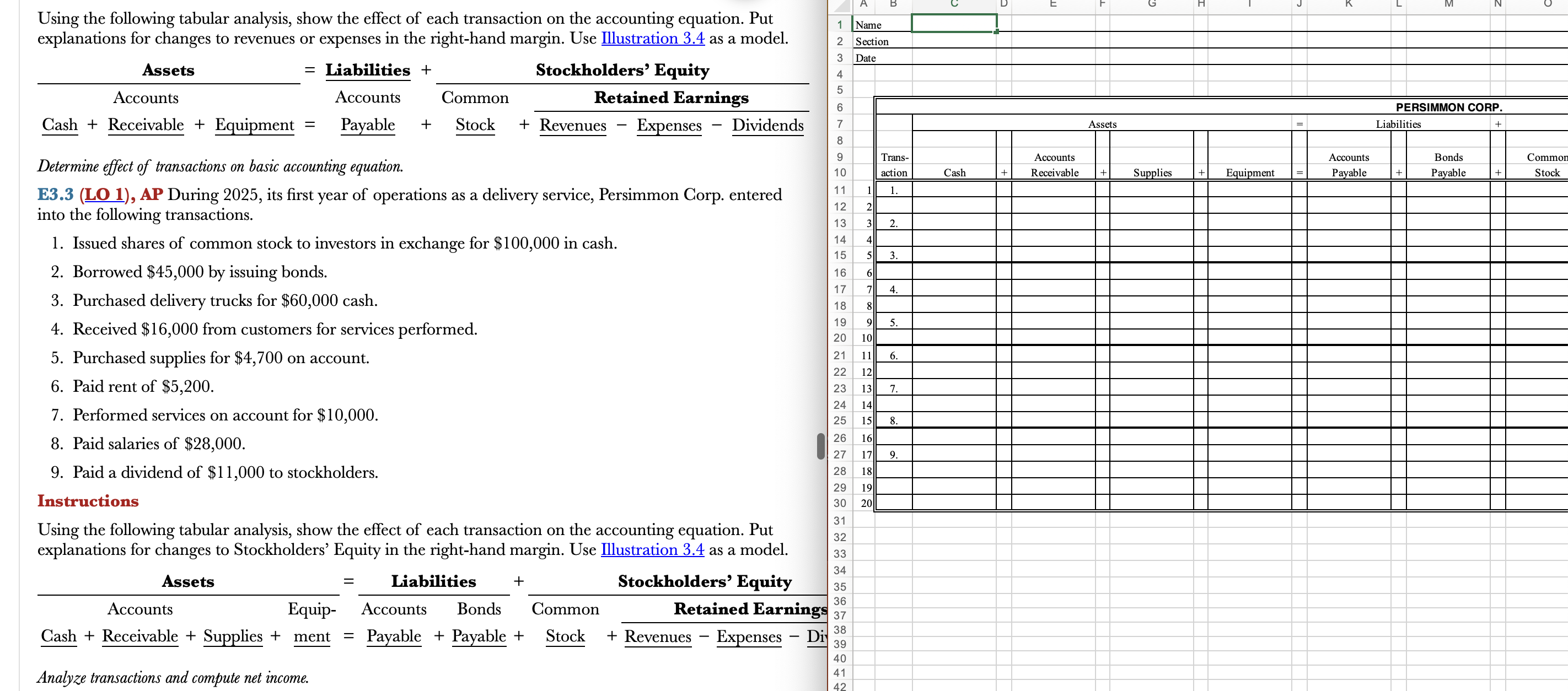  Using the following tabular analysis, show the effect of each transaction