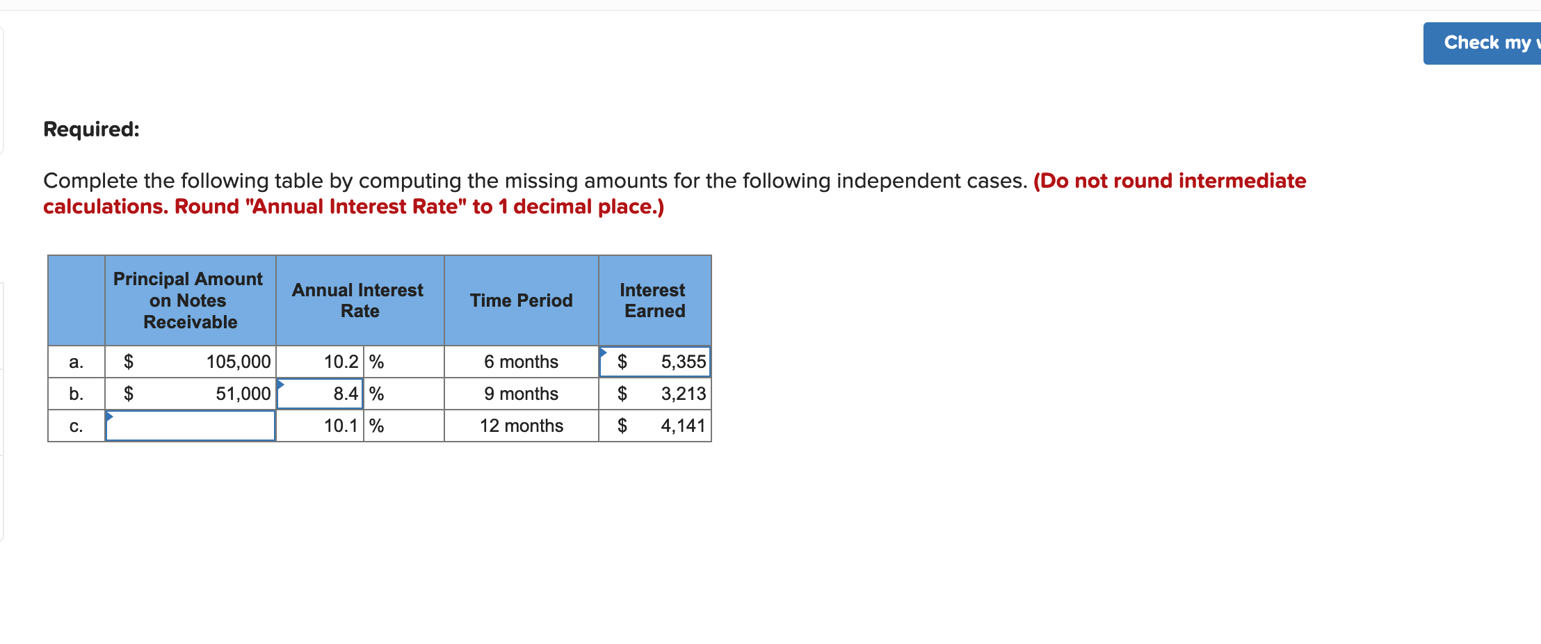  Required: Complete the following table by computing the missing amounts for