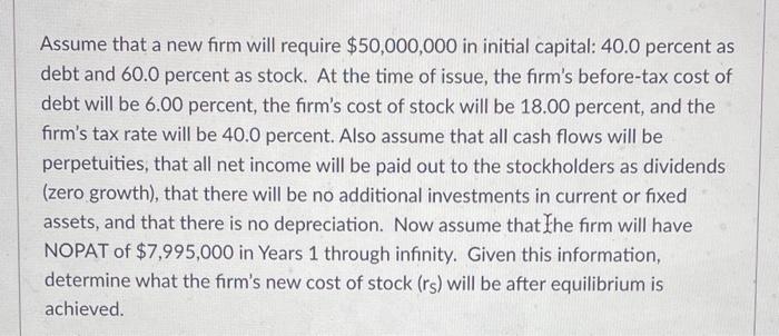  Assume that a new firm will require $50,000,000 in initial capital: