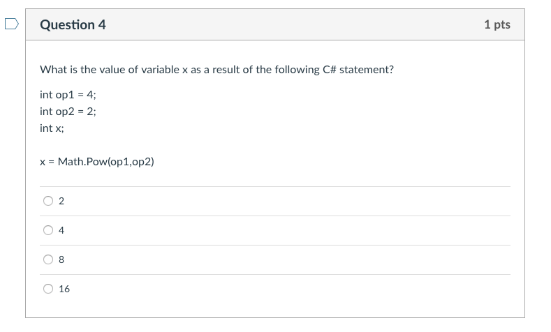 op1-400; int op2 - 2; int x x-op1 % op2; O 2