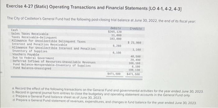  Exercise 4-27 (Static) Operating Transactions and Financial Statements [LO 4-1, 4-2,