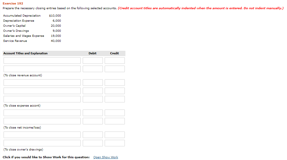 Exercise 192 Prepare the necessary closing entries based on the following