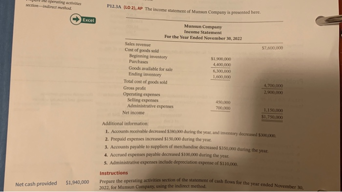  complete all parts using excel U operating activities section--indirect method P12.3A