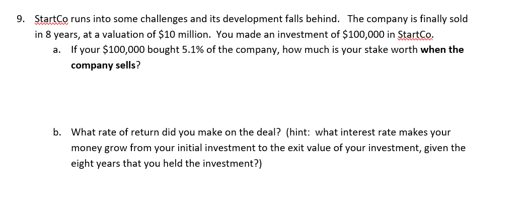 9. StartCo runs into some challenges and its development falls behind.
