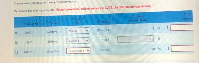  The following are data on three promissory notes. Determine the missing