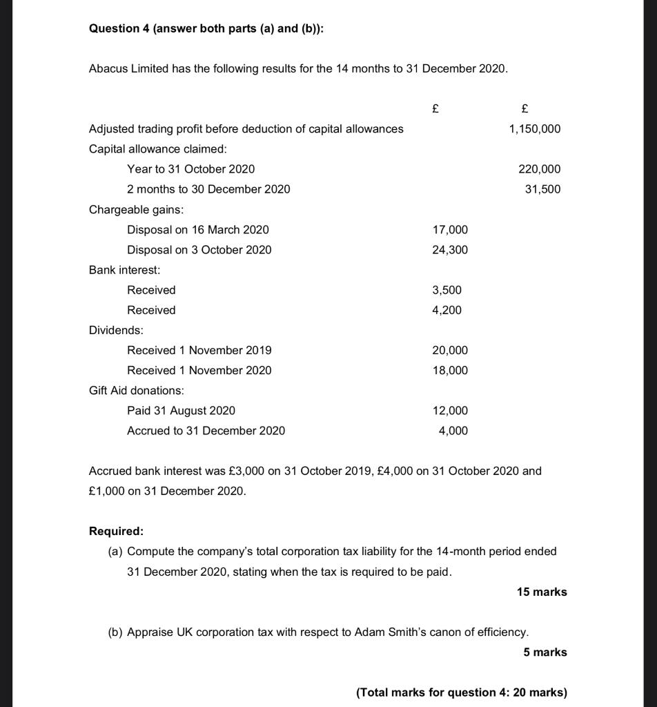 undefined Question 4 (answer both parts (a) and (b)): Abacus Limited has