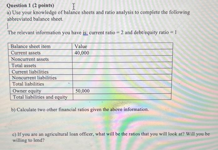  Question 1 ( 2 points) a) Use your knowledge of balance