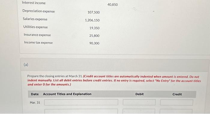 31.2024, was as follows: Prepare the closing entries at March 31. (Credit