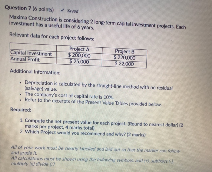  Question 7 (6 points) Saved Maxima Construction is considering 2 long-term