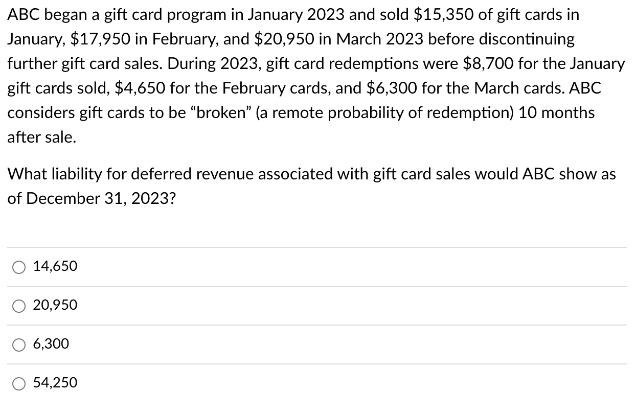  ABC began a gift card program in January 2023 and sold