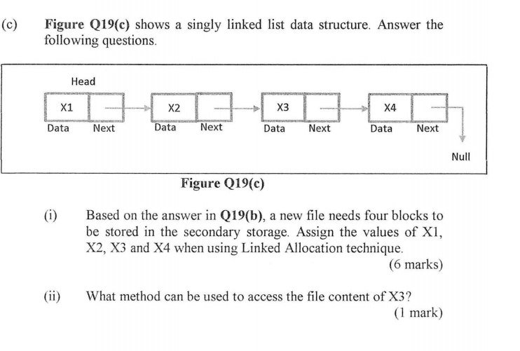  Figure Q19(c) shows a singly linked list data structure. Answer the