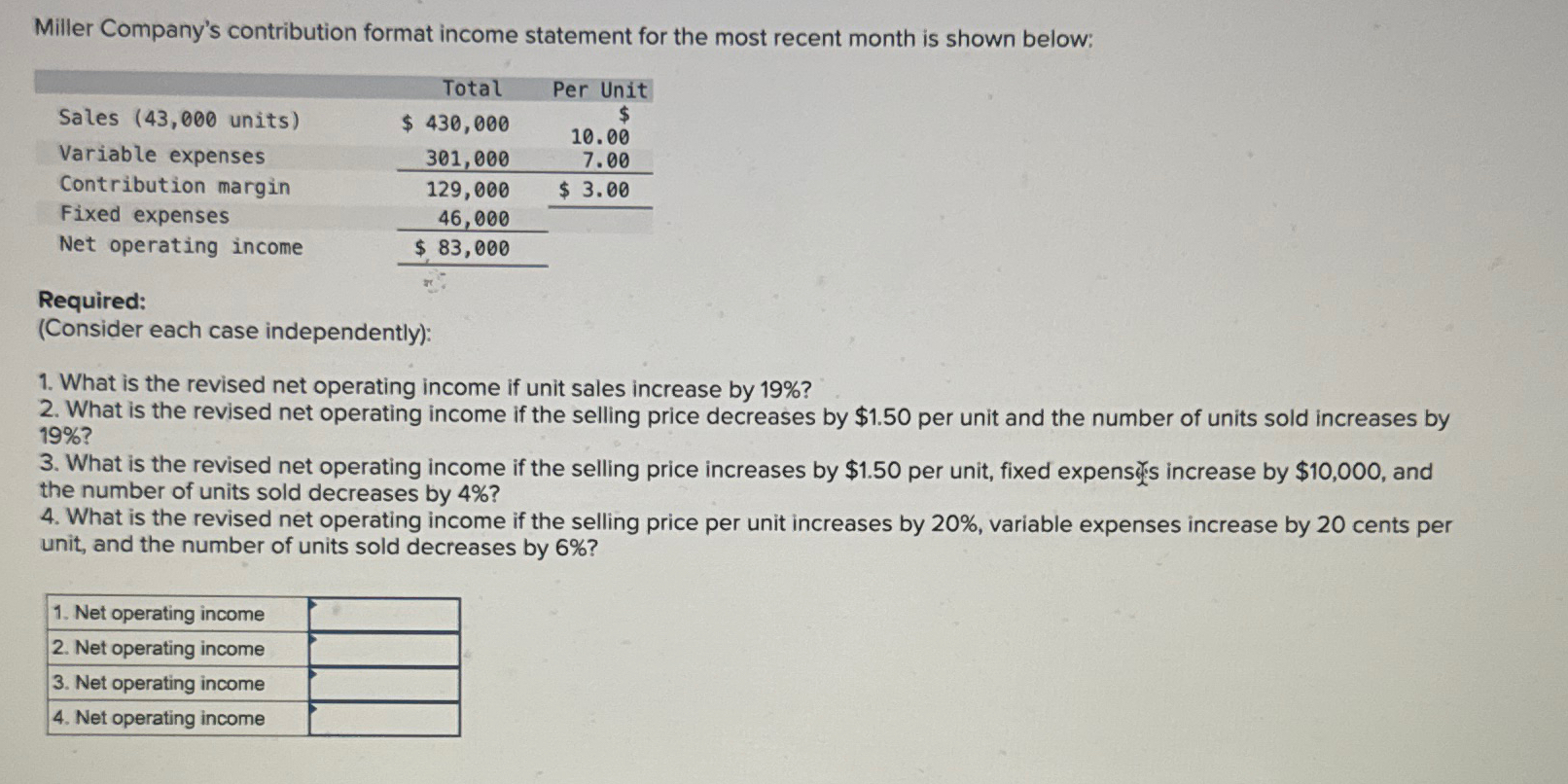  Miller Company's contribution format income statement for the most recent month