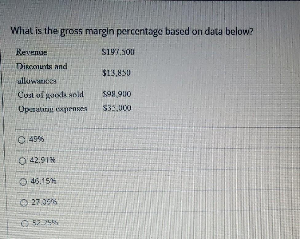  please solve What is the gross margin percentage based on data