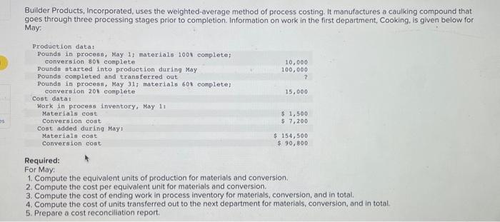  Builder Products, Incorporated, uses the weighted-average method of process costing. It