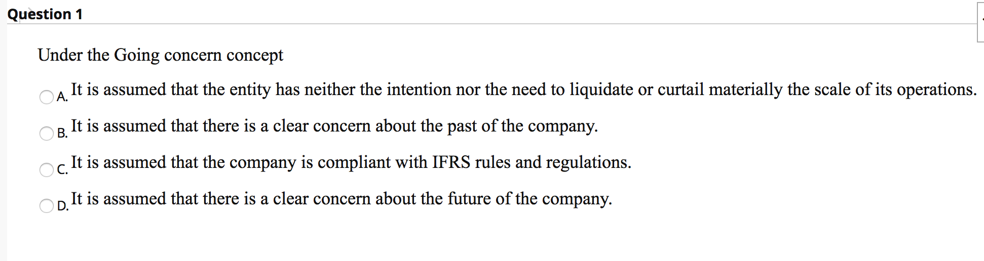 Question 1 Under the Going concern concept OA. It is assumed