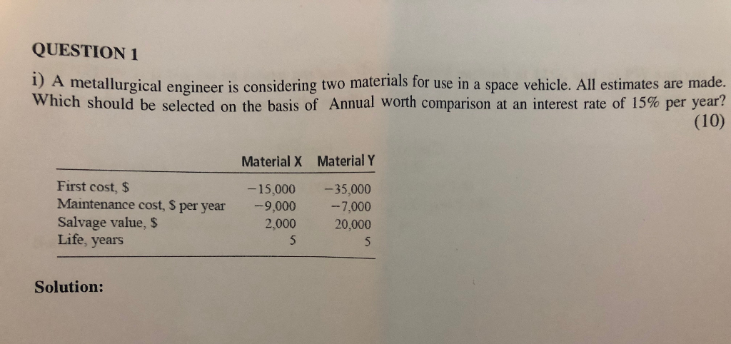  QUESTION 1 i) A metallurgical engineer is considering two materials for