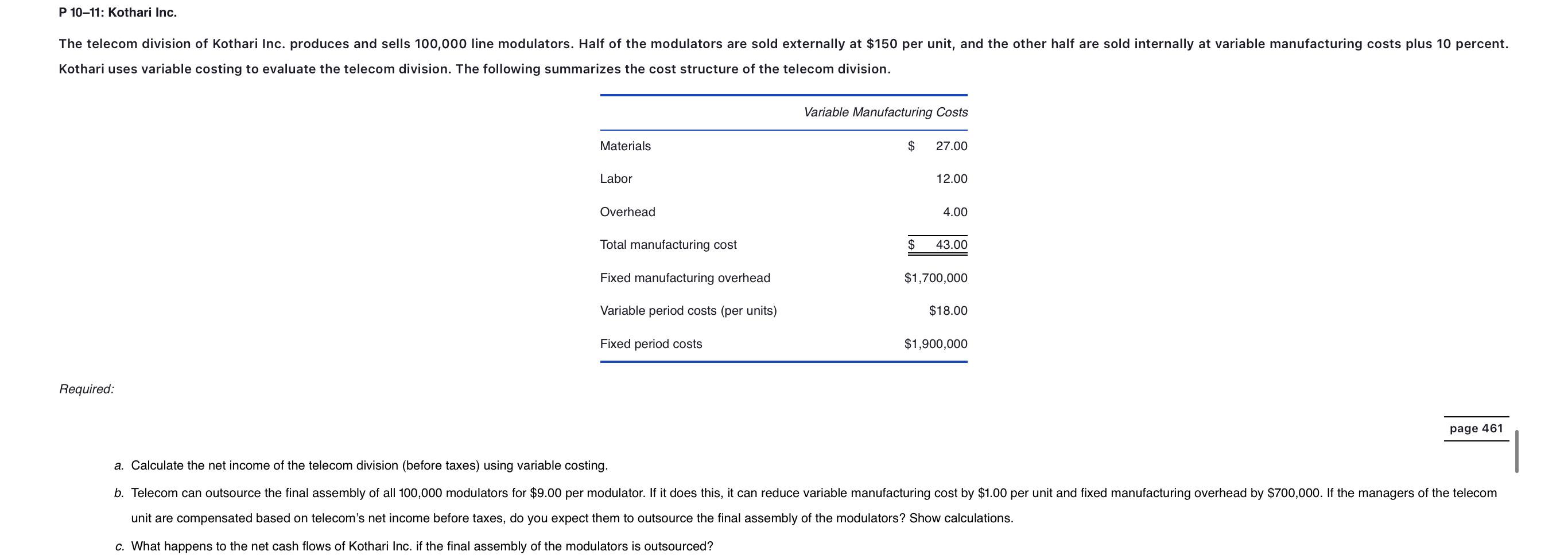 Kothari uses variable costing to evaluate the telecom division. The following