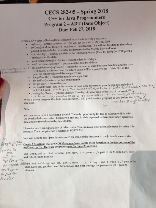  CECS 282-05- Spring 2018 C++ for Java Programmers Program 2 -