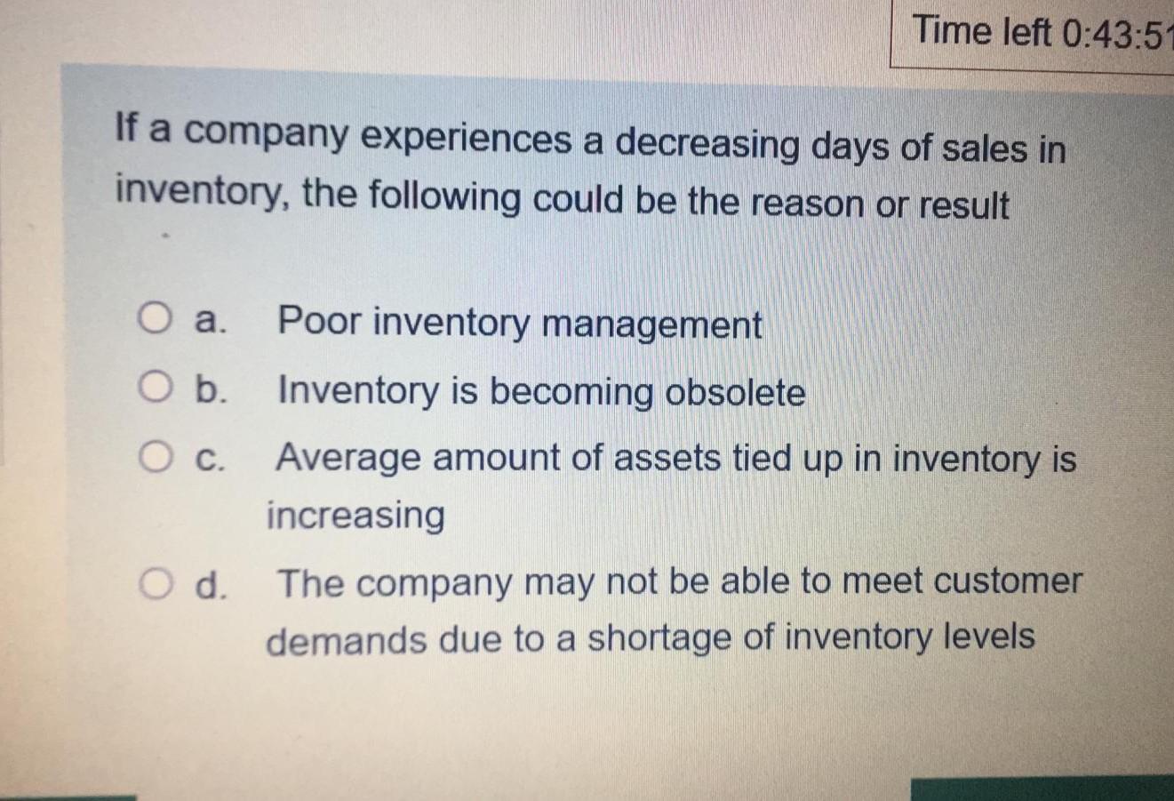  Time left 0:43:5 If a company experiences a decreasing days of