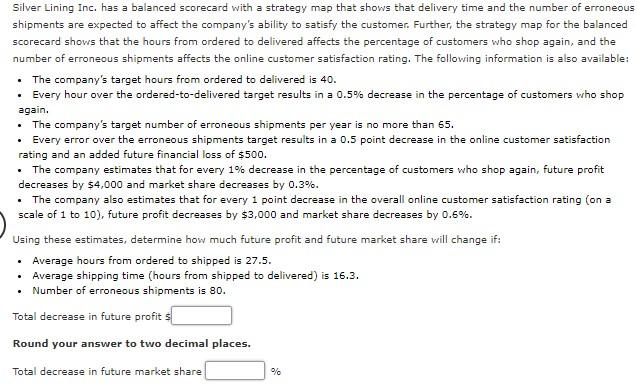  . Silver Lining Inc. has a balanced Scorecard with a strategy