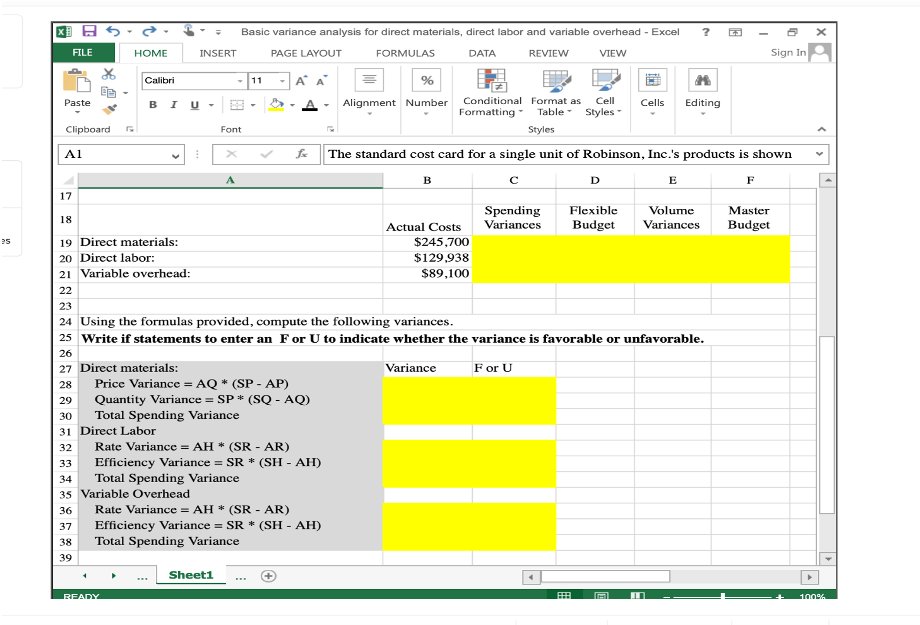 variance analysis for direct materials, direct labor and variable overhead - Excel
