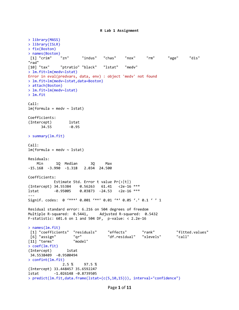  R Lab 1 Assignment > library (MASS) > library (ISLR) >