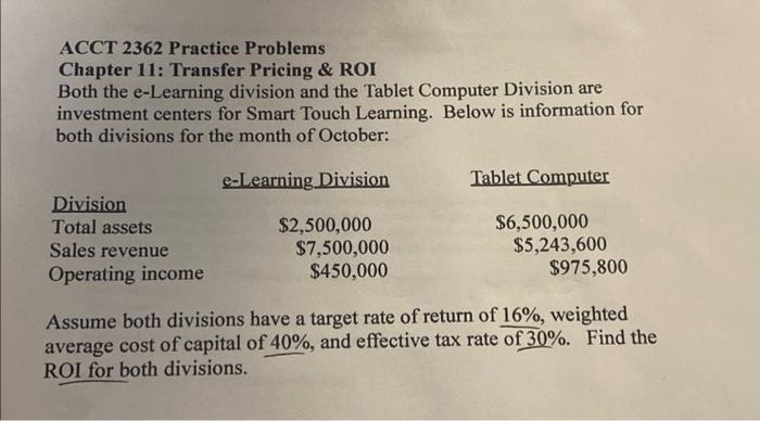  ACCT 2362 Practice Problems Chapter 11: Transfer Pricing \& ROI Both